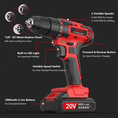 SET DE TALADRO 2 BATERIAS 21V 26 PZ ROJO